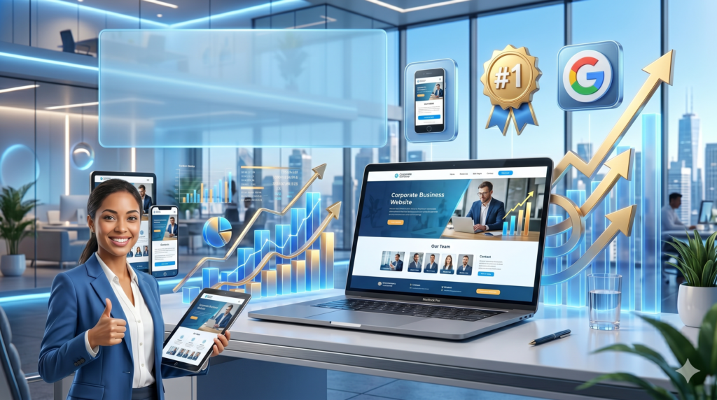 Professional business website benefits and SEO growth concept